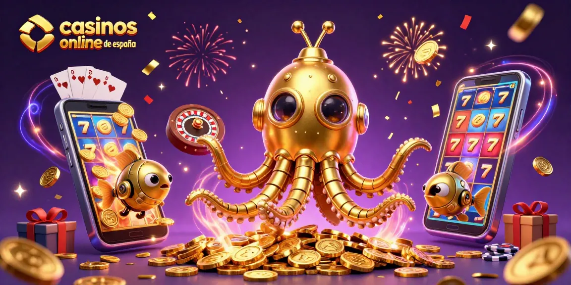Descubre los emocionantes casinos online de España con un submarino kraken dorado en un mar de monedas.