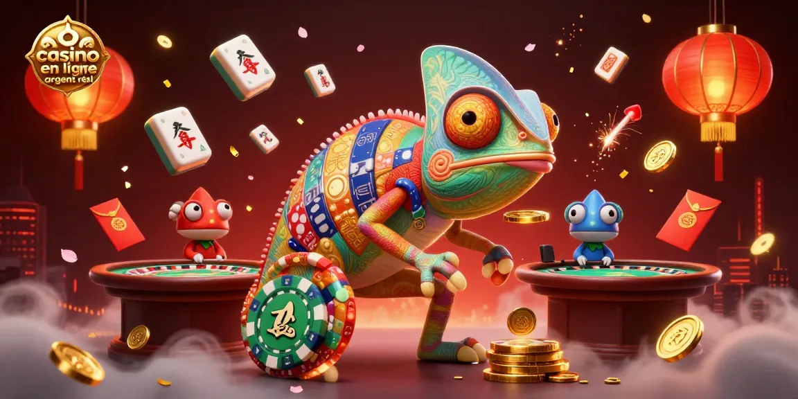 Plongez dans l'univers du casino en ligne argent réel avec un chameleon dynamique entouré de jeux et éléments captivants.