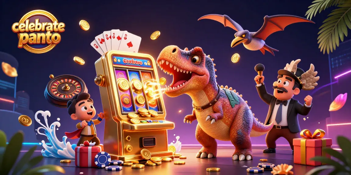 celebratepanto showcases a pachycephalosaurus winning jackpot coins from a golden slot machine