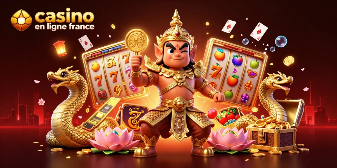 Illustration dynamique de "casino en ligne France" avec un gardien en armure dorée entouré de symboles de jeu.