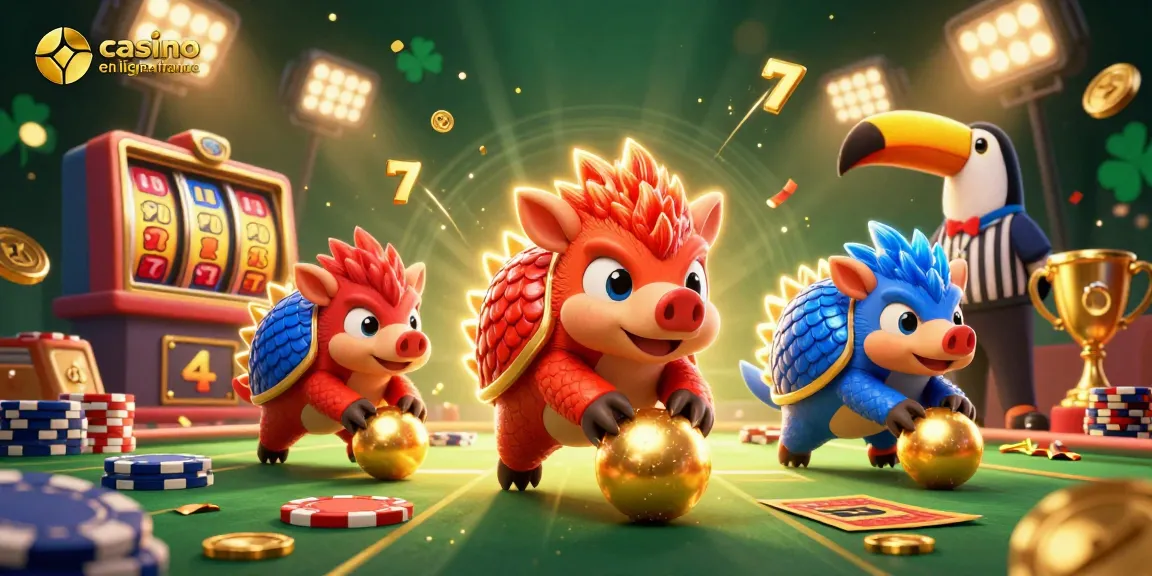 Jouez et gagnez avec des pangolins au casino en ligne France, entourés de rouleaux de machines à sous et de jetons.