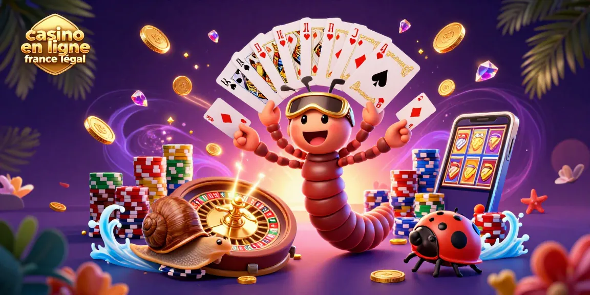Illustration 3D d'un casino en ligne en France légal mettant en scène un mille-pattes croupier, un escargot et des éléments de jeux.