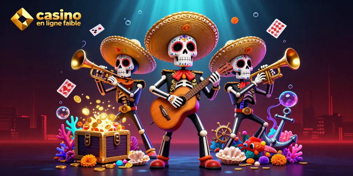 Plongez dans l'univers des jeux avec un casino en ligne fiable, représenté par un groupe de mariachi squelettique dynamique.