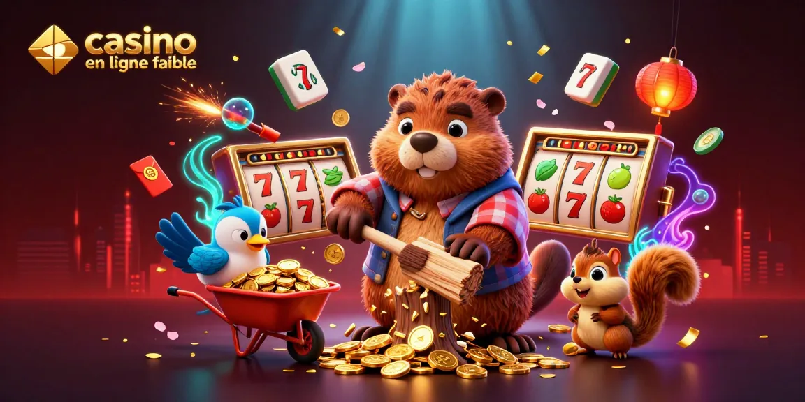 Plongez dans un casino en ligne fiable avec une illustration animée mettant en scène un castor et des éléments de jeu.