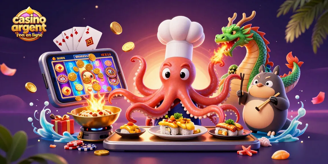 Casino argent réel en ligne : un octopus chef préparant des plats sous une ambiance de jeu dynamique.