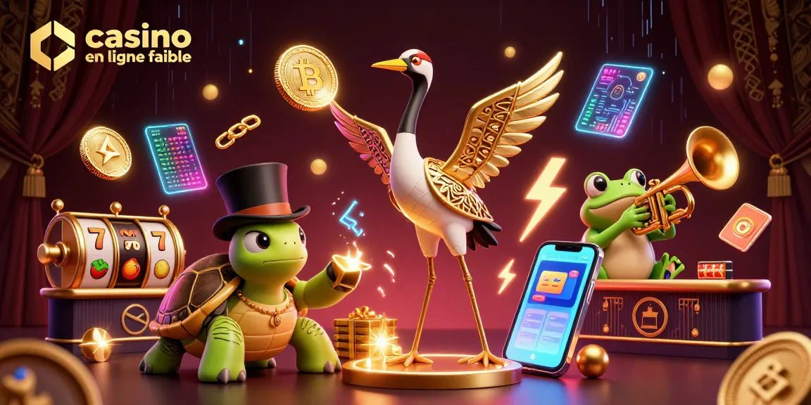 Visualisez un casino en ligne fiable avec un perroquet de jazz, une tortue en haut de forme, et des éléments de jeu animés.