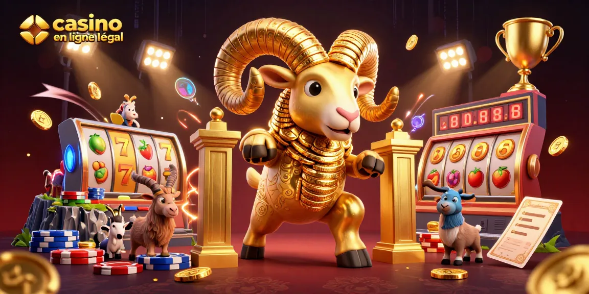 Illustration dynamique de casino en ligne France légal avec un bélier en or et des éléments de machines à sous.