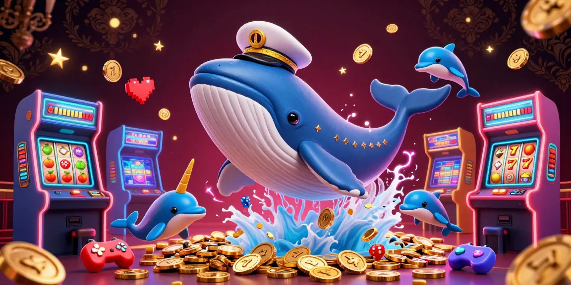 Accédez à un casino en ligne fiable avec une illustration 3D animée de baleine et de dauphins jouant avec des jetons.