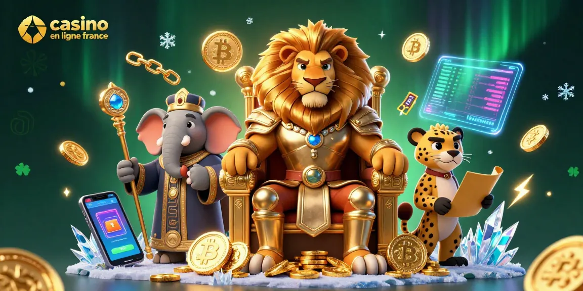 Illustration captivante de casino en ligne France avec un roi lion, un éléphant sage et un guépard messager, entourés de crypto-monnaies et éléments de jeux.