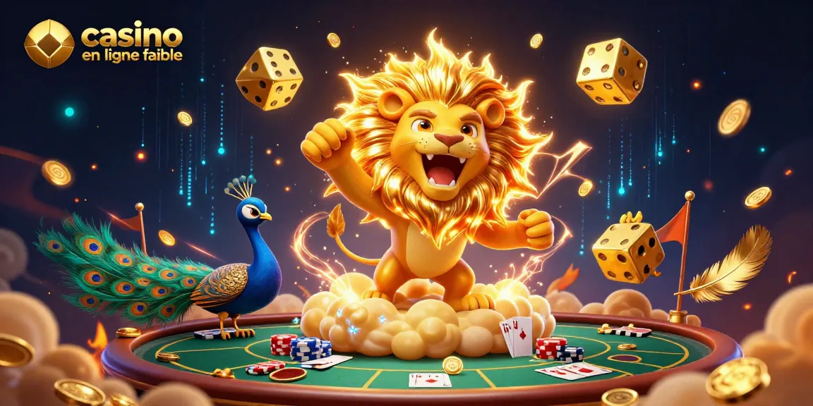Visualisez un lion solaire rayonnant sur une plateforme avec des dés d'or pour un casino en ligne fiable.