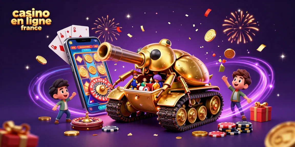 Profitez des jeux de casino en ligne France avec un tank à scarabée doré et des éléments de jeu colorés.