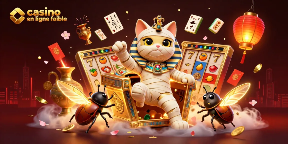 Explorez un casino en ligne fiable avec un chat momie et des symboles de jackpots flottants.