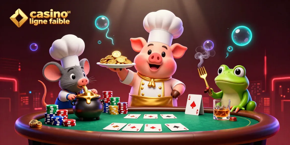 Illustration riche de casino en ligne fiable avec un chef cochon servant des pièces d'or.