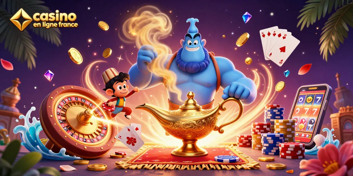 Visuel captivant sur le casino en ligne en France illustrant un génie, un singe et un tapis volant avec des jetons.