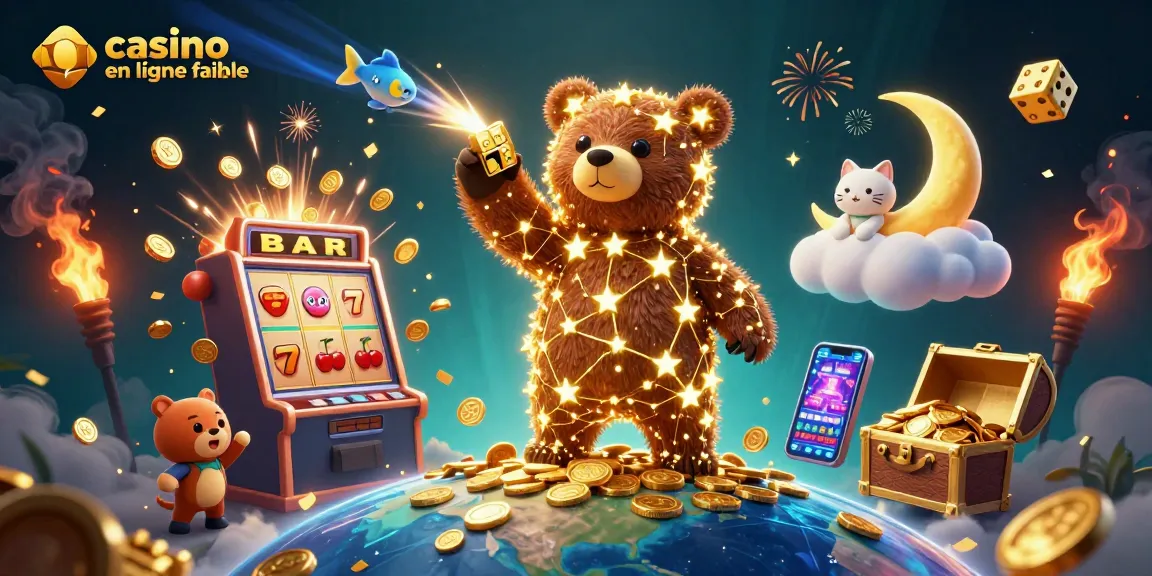 Casino en ligne fiable : Illustration 3D animée représentant un ours constellation et des symboles de machines à sous flottants.
