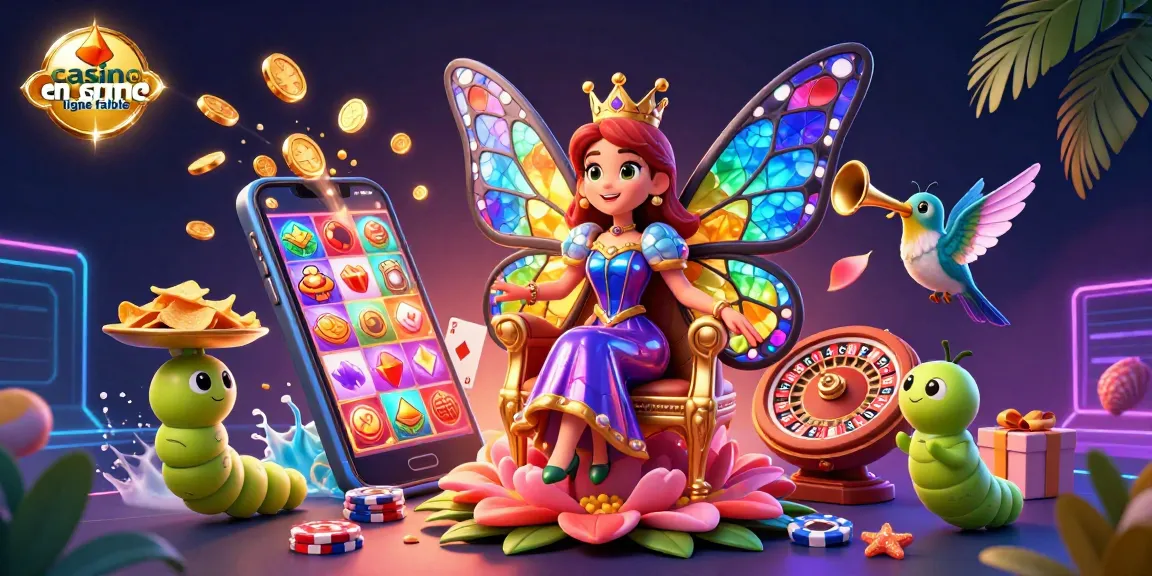 Visualisez une reine papillon royale entourée d'éléments de casino en ligne fiable, jeux et trésors scintillants.