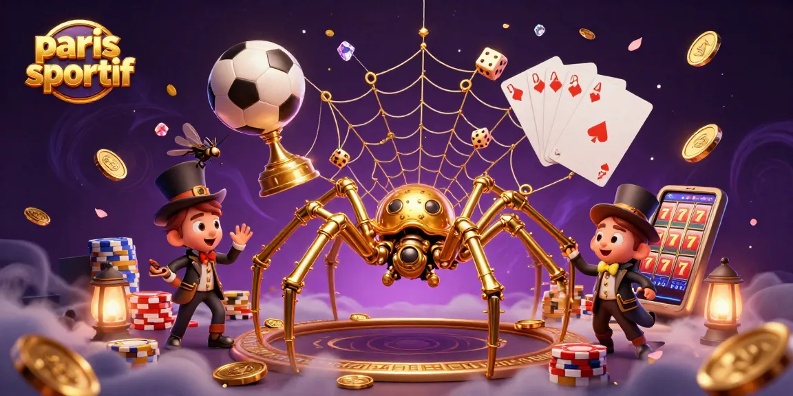 Paris sportif : une drôle d'araignée en steampunk prend des dés dans sa toile dorée parmi des trophées et des cartes