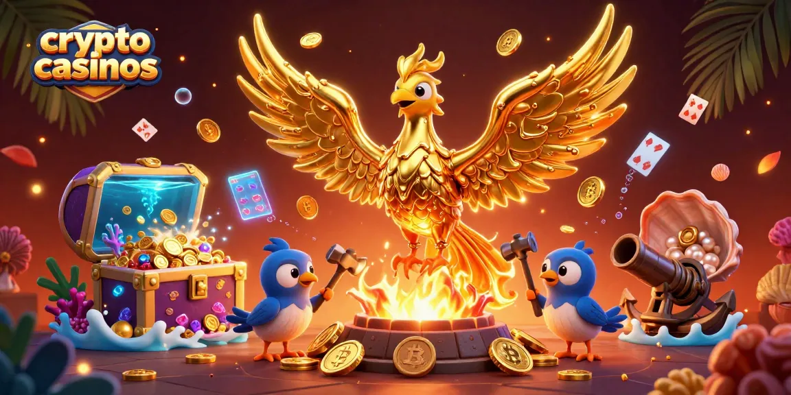 Illustration captivante représentant des crypto casinos avec un phénix doré et des pièces en or émergeant d'une forge.