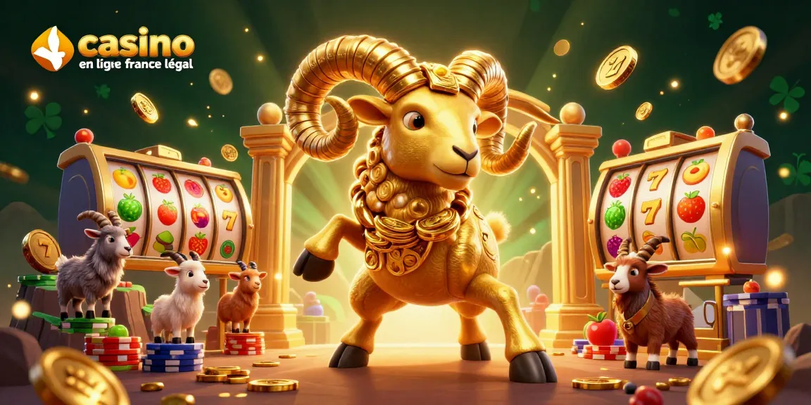 Illustration dynamique d'un bélier doré avec des cornes en pièces tournant, représentant le casino en ligne France légal et l'excitation du jeu.