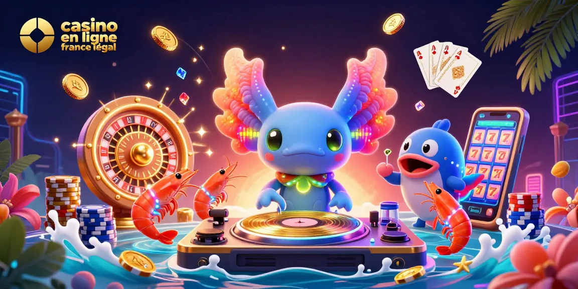Visuel attrayant de casino en ligne france légal avec un DJ axolotl vibrant et des éléments de jeu captivants.