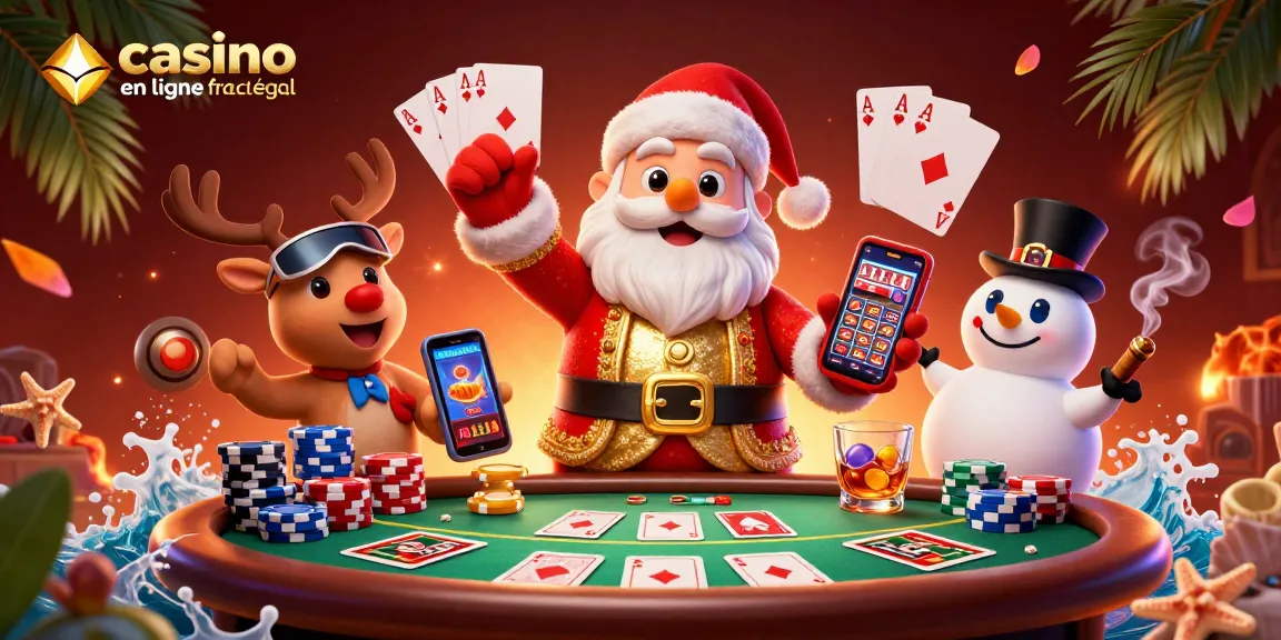 Visuel dynamique de casino en ligne France légal avec le Père Noël et ses amis et des éléments de poker.