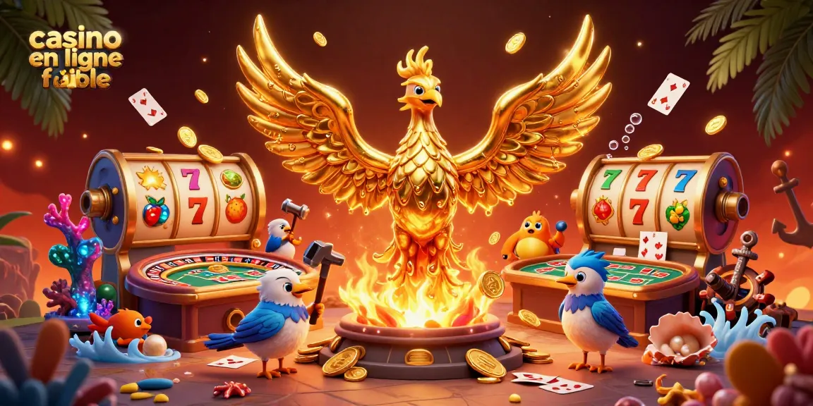 Gagnez grâce à un casino en ligne fiable avec une illustration d'un phénix doré et des éléments de jeux.