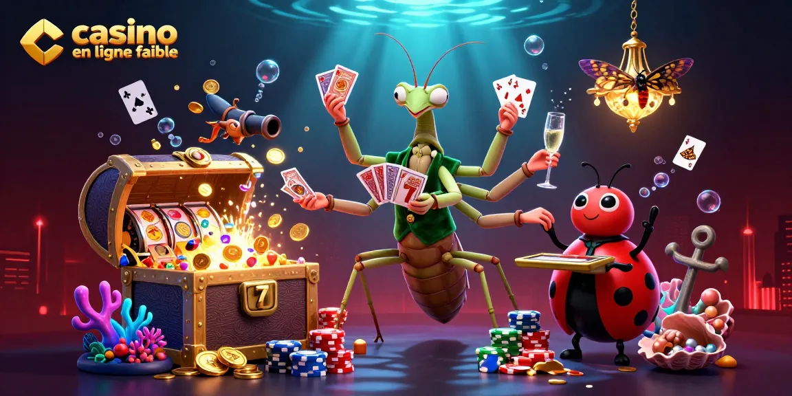 Image d'une illustration 3D d'un casino en ligne fiable avec un mante religieuse et des jeux de cartes animés.