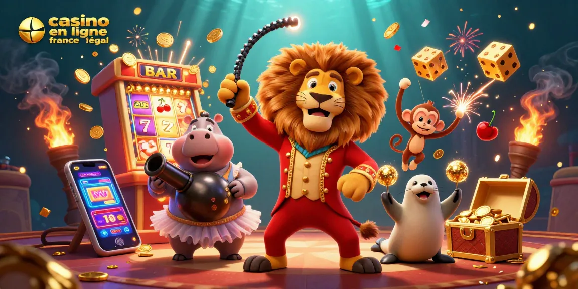 Illustration captivante de casino en ligne France légal avec un lion, un hippopotame et un singe.