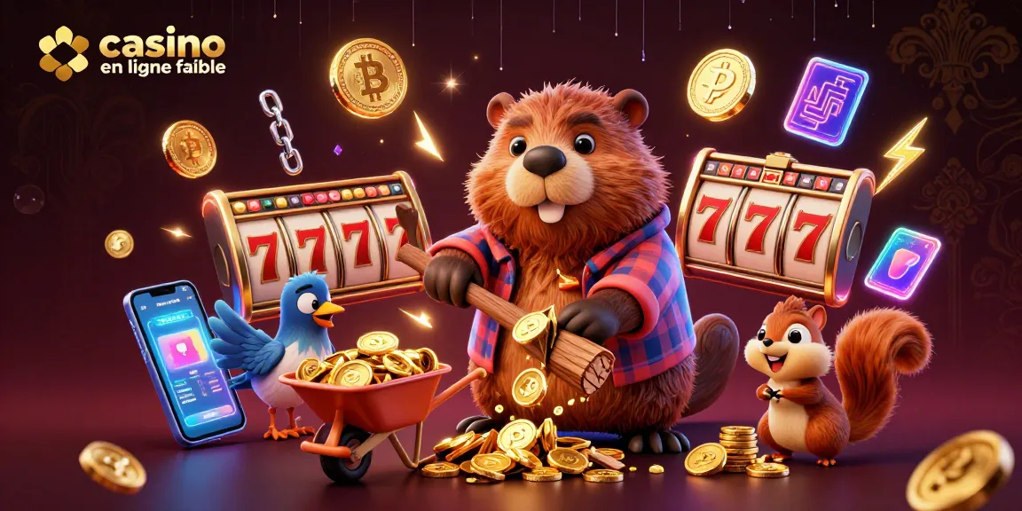 Jouez dans un casino en ligne fiable avec un castor et des pièces d'or s'éparpillant, symbole de gains.
