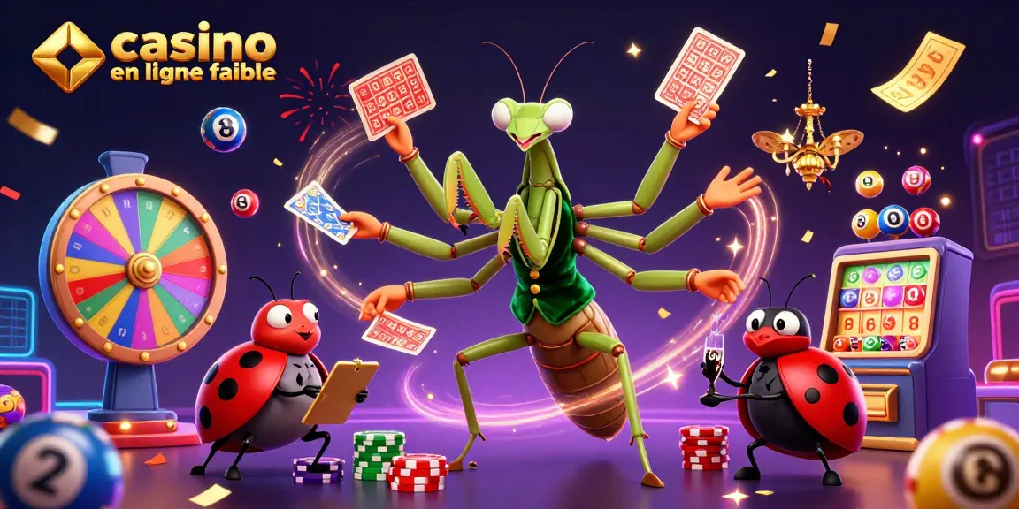 Illustration ludique d'un casino en ligne fiable avec un mante religieuse et un croupier, jeux de hasard dynamiques.