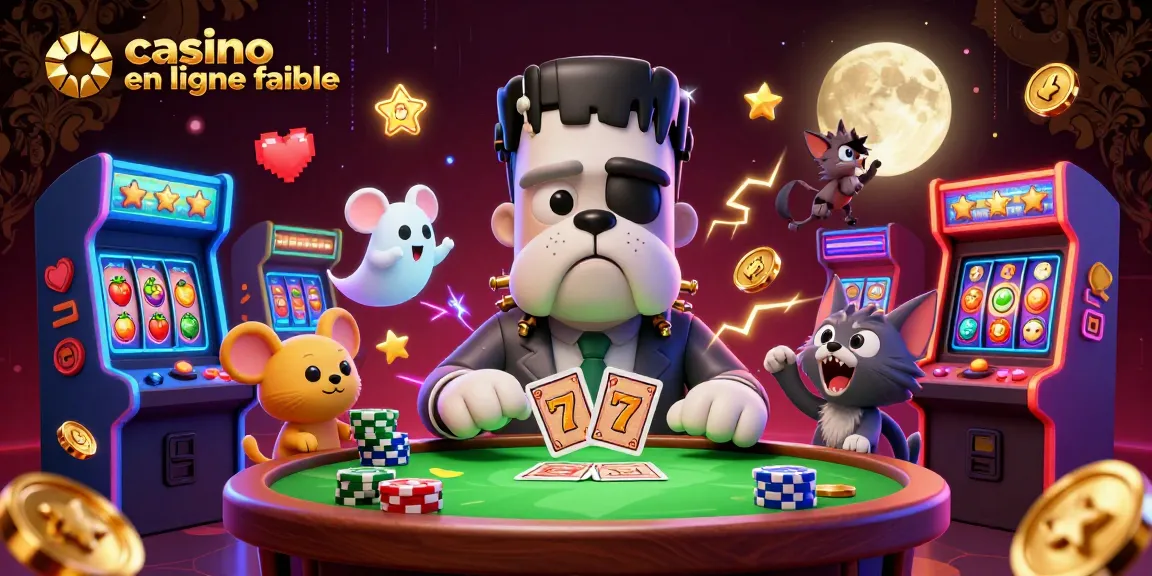 Illustration dynamique d'un bulldog Frankenstein aux cartes à un casino en ligne fiable rempli de jeux colorés.