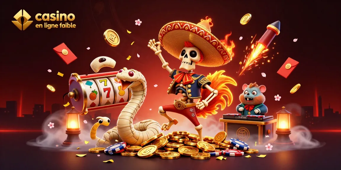 Illustration captivante d'un casino en ligne fiable avec un rooster mariachi et des éléments de jeu scintillants.