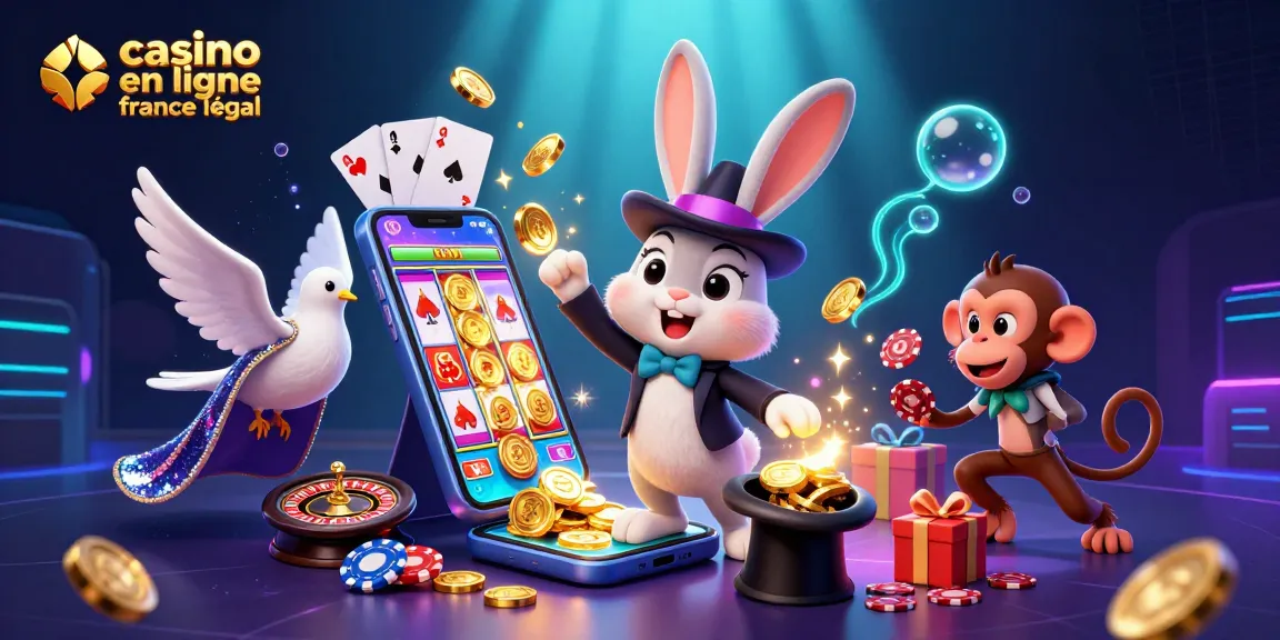 Les jeux de casino en ligne France légal rassemblent un magicien, une colombe et un singe joueur autour d'une scène dynamique.