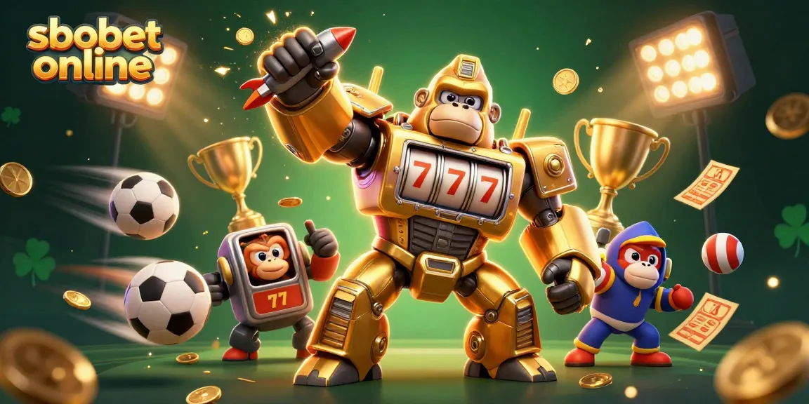 Betting on sbobet online with a dynamic 3D illustration of a golden gorilla mech amidst sports balls and trophies.