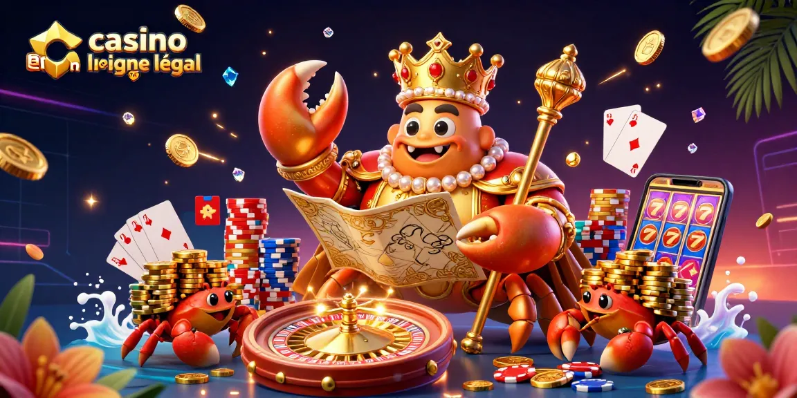 Casino en ligne France légal : illustration d'un crabe en or au casino avec des jetons et des cartes.