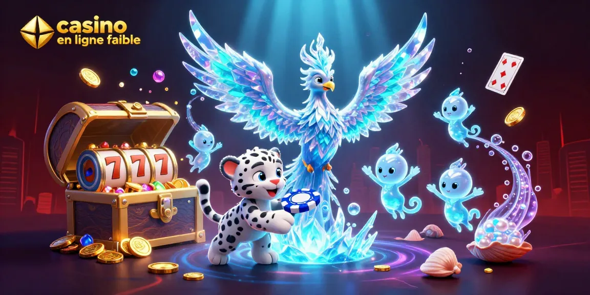Illustration du casino en ligne fiable avec un phoenix de glace et un petit léopard dansant parmi des jetons de poker et des éléments de jeu.