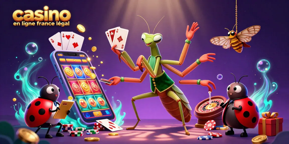 Visualisez un jeu captivant avec casino en ligne france légal où un mante religieuse distribue des cartes et des jetons, et un gérant comptabilise sur son clipboard