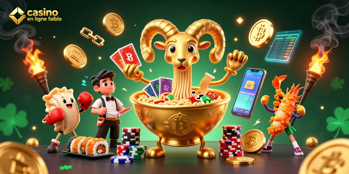 Vivez l'excitation des jeux avec casino en ligne fiable, une illustration avec un bol ramen géant et des pièces de crypto.
