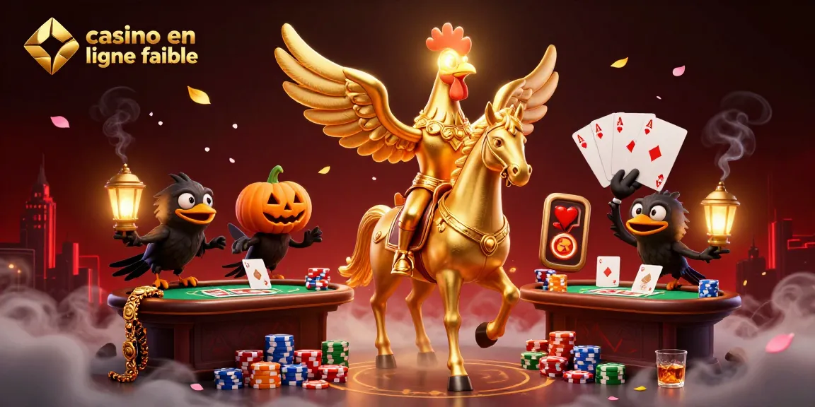 Illustration de casino en ligne fiable avec un coq en or et des compagnons dans un environnement dynamique.