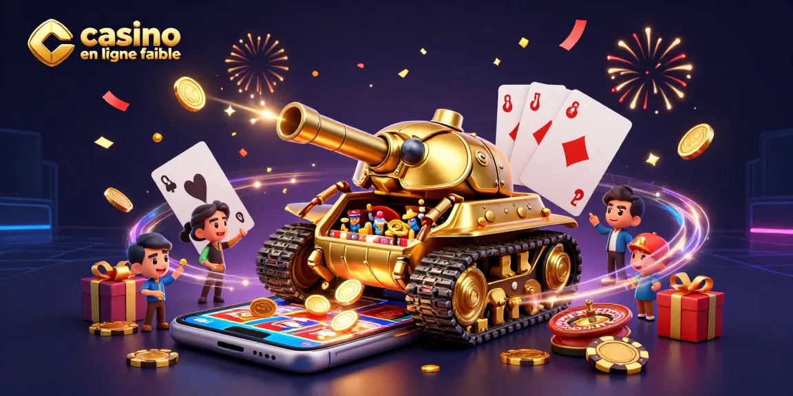 Casino en ligne fiable : illustration d'un tank doré avec un casino miniature et des jeux d'argent en action.