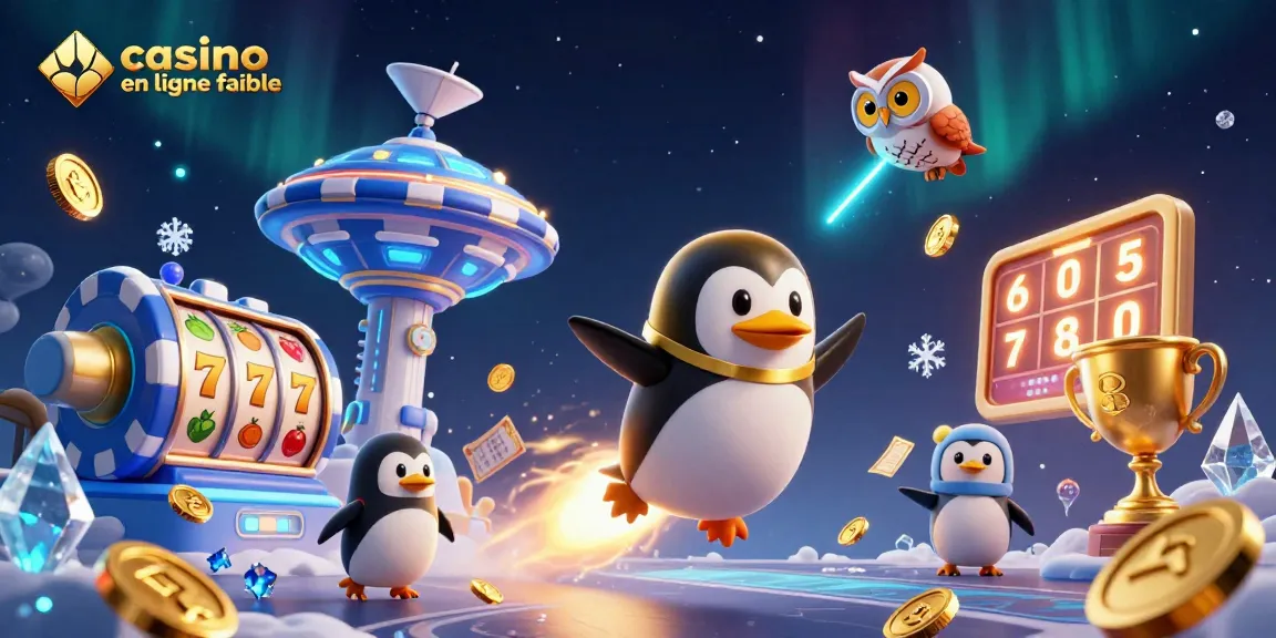 Profitez d'une expérience immersive sur un casino en ligne fiable avec un pingouin doré voyageant dans l'espace.