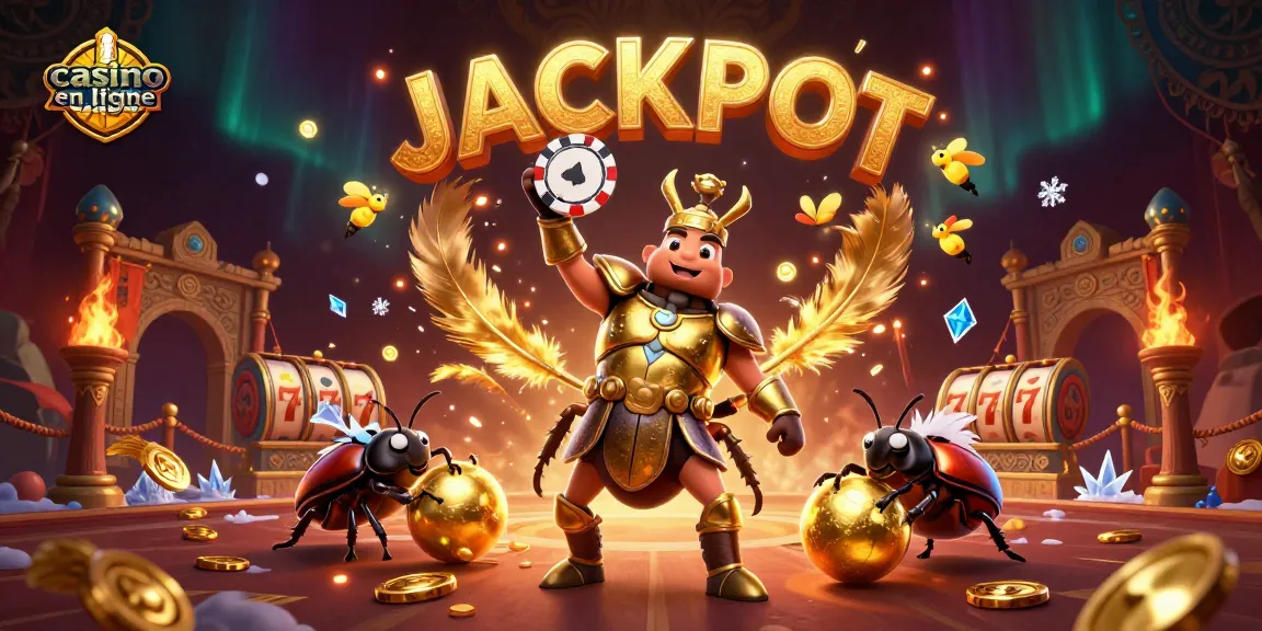 Gagnez gros avec un casino en ligne fiable, illustrant un scarabée en armure dorée et des jetons de poker.