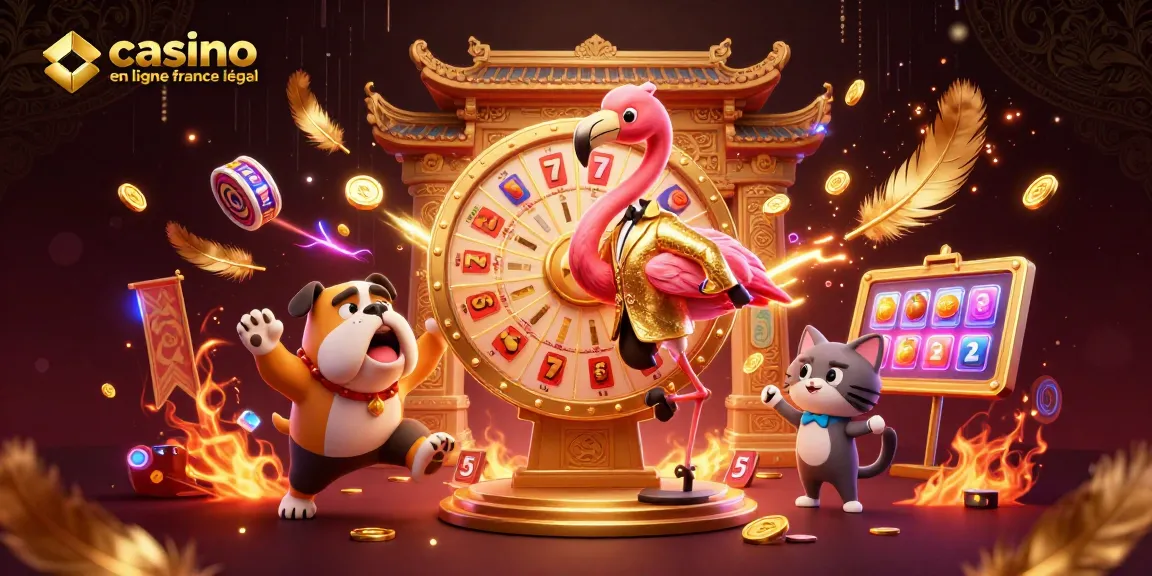 Illustration dynamique de jeu avec le thème casino en ligne légal en France, symboles de jackpots et personnages animés.