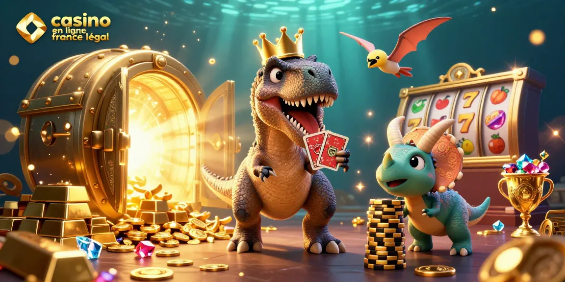 Jouez avec le casino en ligne légal en France dans une illustration dynamique avec des personnages et des jetons d'or.