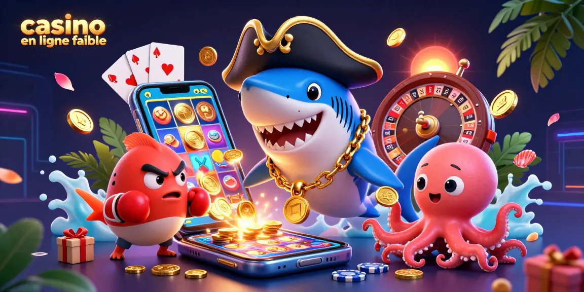 Le pirate requin en 3D et ses amis mettent en avant un casino en ligne fiable dans une scène animée avec des éléments de jeu.